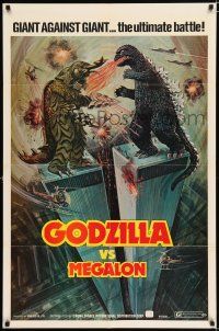 3k332 GODZILLA VS. MEGALON 1sh '76 Gojira tai Megaro, art of monsters battling on Twin Towers!