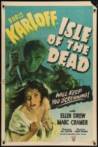 3t170 ISLE OF THE DEAD 1sh '45 cool art of Boris Karloff & Ellen Drew in buried-alive horror!