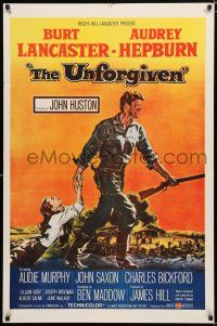 4a933 UNFORGIVEN 1sh '60 Frank McCarthy art of Burt Lancaster & Audrey Hepburn, John Huston directed