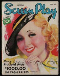 4b271 SCREEN PLAY magazine Mar 1936 art of Joan Blondell by Zoe Mozert, Thelma Todd's tragic life!