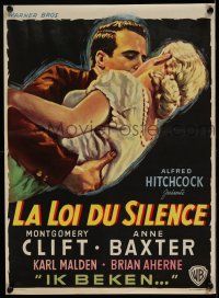 5y092 I CONFESS Belgian '53 Alfred Hitchcock, art of Montgomery Clift & Anne Baxter kissing!