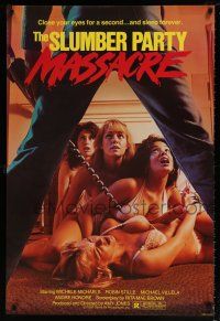 5z738 SLUMBER PARTY MASSACRE 1sh '82 killer stares down four sexy barely-dressed girls on floor!