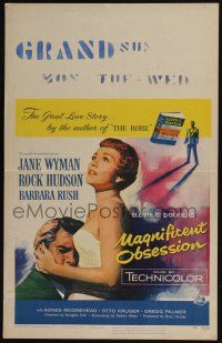 6b420 MAGNIFICENT OBSESSION WC '54 artwork of Jane Wyman holding Rock Hudson, Douglas Sirk