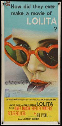 6s885 LOLITA Aust daybill '62 Stanley Kubrick, sexy Sue Lyon with heart sunglasses & lollipop!