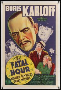 7x129 FATAL HOUR linen 1sh '40 cool artwork of Boris Karloff as Asian detective Mr. Wong!