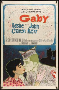 8p338 GABY 1sh '56 wonderful close up art of soldier John Kerr kissing Leslie Caron!