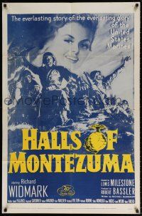 8p381 HALLS OF MONTEZUMA 1sh R56 Richard Widmark, art of WWII U.S. Marines charging into battle!