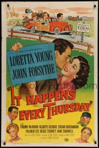 1f382 IT HAPPENS EVERY THURSDAY 1sh '53 Loretta Young, John Forsythe, wacky art of family!