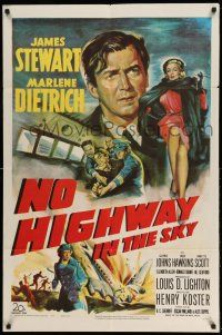 1f610 NO HIGHWAY IN THE SKY 1sh '51 art of James Stewart being restrained, sexy Marlene Dietrich!