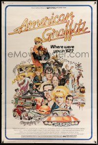 3c115 AMERICAN GRAFFITI 40x60 '73 George Lucas teen classic, wacky Mort Drucker artwork of cast!