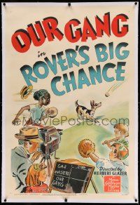 3f335 ROVER'S BIG CHANCE linen 1sh '42 art of Spanky, Our Gang kids & dog filmed playing baseball!