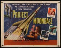 4c388 PROJECT MOONBASE 1/2sh '53 Robert Heinlein, cool art of rocket ship & wacky astronauts!