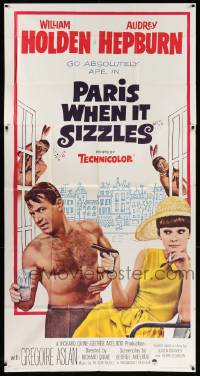 6f132 PARIS WHEN IT SIZZLES 3sh '64 Audrey Hepburn with gun & barechested William Holden in France!