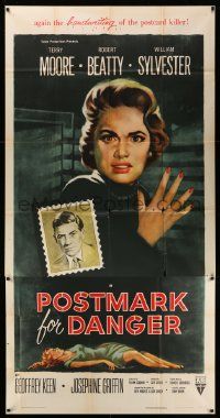 6f138 POSTMARK FOR DANGER 3sh '56 art of Terry Moore, who is hunted by the postcard killer!