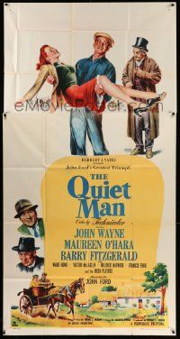 6f144 QUIET MAN 3sh '52 art of John Wayne carrying Maureen O'Hara, John Ford classic!