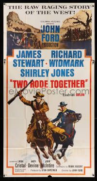 6f175 TWO RODE TOGETHER 3sh '61 John Ford, art of James Stewart & Richard Widmark on horses!