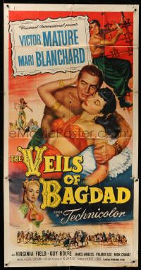 6f180 VEILS OF BAGDAD 3sh '53 art of Victor Mature & sexy harem girl Mari Blanchard!