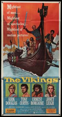 6f182 VIKINGS 3sh '58 art of Kirk Douglas, Tony Curtis & sexy Janet Leigh on long ship!