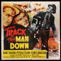 6f252 TRACK THE MAN DOWN 6sh '55 cool art of detective Kent Taylor tracing footsteps, Petula Clark