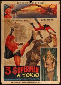 6f519 TRE SUPERMEN A TOKIO Italian 1p '68 great artwork of costumed Asian superheroes + sexy girl!