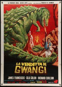 6f528 VALLEY OF GWANGI Italian 1p '69 cool different art of man & woman w/dinosaur by Franco!