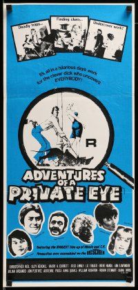 6k689 ADVENTURES OF A PRIVATE EYE Aust daybill '77 Christopher Neil, Suzy Kendall, wacky art!