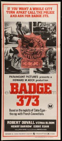 6k711 BADGE 373 Aust daybill '73 Robert Duvall is a New York ex-cop w/a gun in his sock & no badge