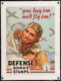 6t086 YOU BUY 'EM WE'LL FLY 'EM linen 20x28 WWII war poster '42 art of pilot & planes by Wilkinsons!