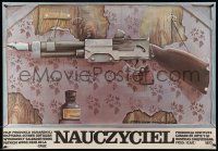 7j829 TEACHER signed Polish 26x37 '77 by Marek Ploza-Dounski, artwork of rifle hanging on wall!