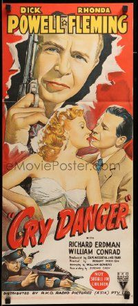 7r319 CRY DANGER Aust daybill '51 great artwork of Dick Powell & sexy Rhonda Fleming!