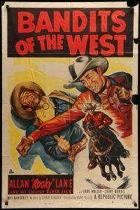 7z085 BANDITS OF THE WEST 1sh '53 Allan Rocky Lane & his stallion Black Jack, cool western art!