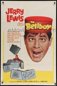 7z109 BELLBOY 1sh '60 wacky artwork of Jerry Lewis carrying luggage!