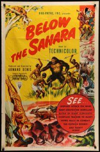 7z110 BELOW THE SAHARA 1sh '53 great giant ape image vs. tribesmen artwork!