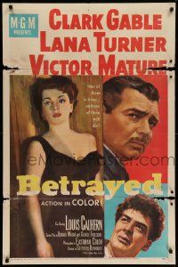 7z115 BETRAYED 1sh '54 art of Clark Gable, Victor Mature & sexy brunette Lana Turner!