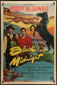 7z125 BLACK MIDNIGHT 1sh '49 Budd Boetticher, Roddy McDowall, big cat attacking horse art!