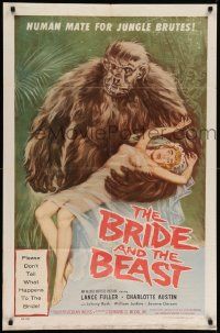 7z156 BRIDE & THE BEAST 1sh '58 Ed Wood classic, great wacky art of huge ape holding sexy girl!