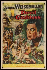 7z265 DEVIL GODDESS 1sh '55 Johnny Weissmuller is NOT Jungle Jim, cool jungle montage art!