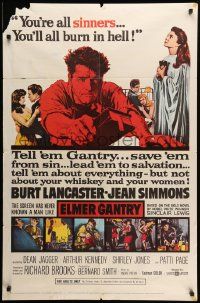 7z294 ELMER GANTRY 1sh '60 Burt Lancaster, Jean Simmons, from Sinclair Lewis novel!