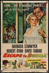 7z301 ESCAPE TO BURMA 1sh '55 romantic art of Robert Ryan & Barbara Stanwyck in India!