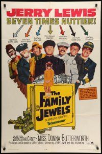 7z316 FAMILY JEWELS 1sh '65 Jerry Lewis is seven times nuttier in seven roles, wacky art!