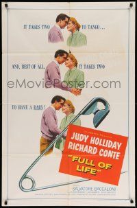 7z361 FULL OF LIFE 1sh '57 artwork of newlyweds Judy Holliday & Richard Conte!