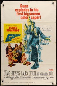 7z395 GUNN 1sh '67 Blake Edwards, cool art of Craig Stevens w/revolver & sexy babes!