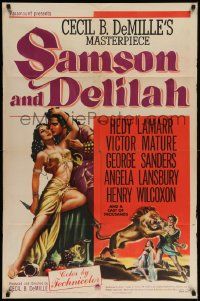 7z739 SAMSON & DELILAH style A 1sh '49 art of Hedy Lamarr & Victor Mature, Cecil B. DeMille!