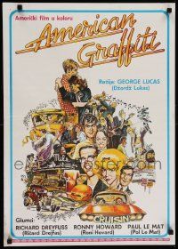 8b733 AMERICAN GRAFFITI Yugoslavian 20x28 '73 George Lucas teen classic, Mort Drucker art of cast!