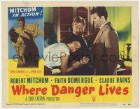 8f978 WHERE DANGER LIVES LC #3 '50 Robert Mitchum stops Claude Rains from hurting Faith Domergue!