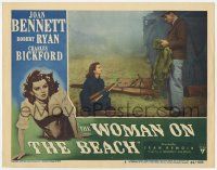 8f992 WOMAN ON THE BEACH LC #8 '46 Robert Ryan looks at Joan Bennett with firewood, Jean Renoir!