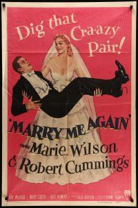 8g486 MARRY ME AGAIN style A 1sh '53 great art of bride Marie Wilson carrying Robert Cummings!