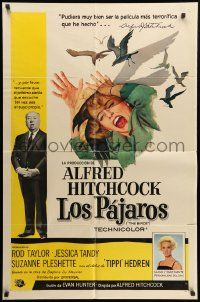 8y094 BIRDS Spanish/U.S. export 1sh '63 horizontal image of Alfred Hitchcock saying they're coming!