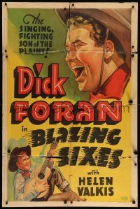 8y099 BLAZING SIXES Other Company 1sh '37 cool artwork of cowboy Dick Foran singing with guitar!