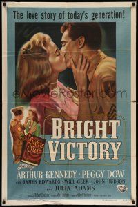 8y116 BRIGHT VICTORY 1sh '51 close up of blind Arthur Kennedy kissing pretty Peggy Dow!